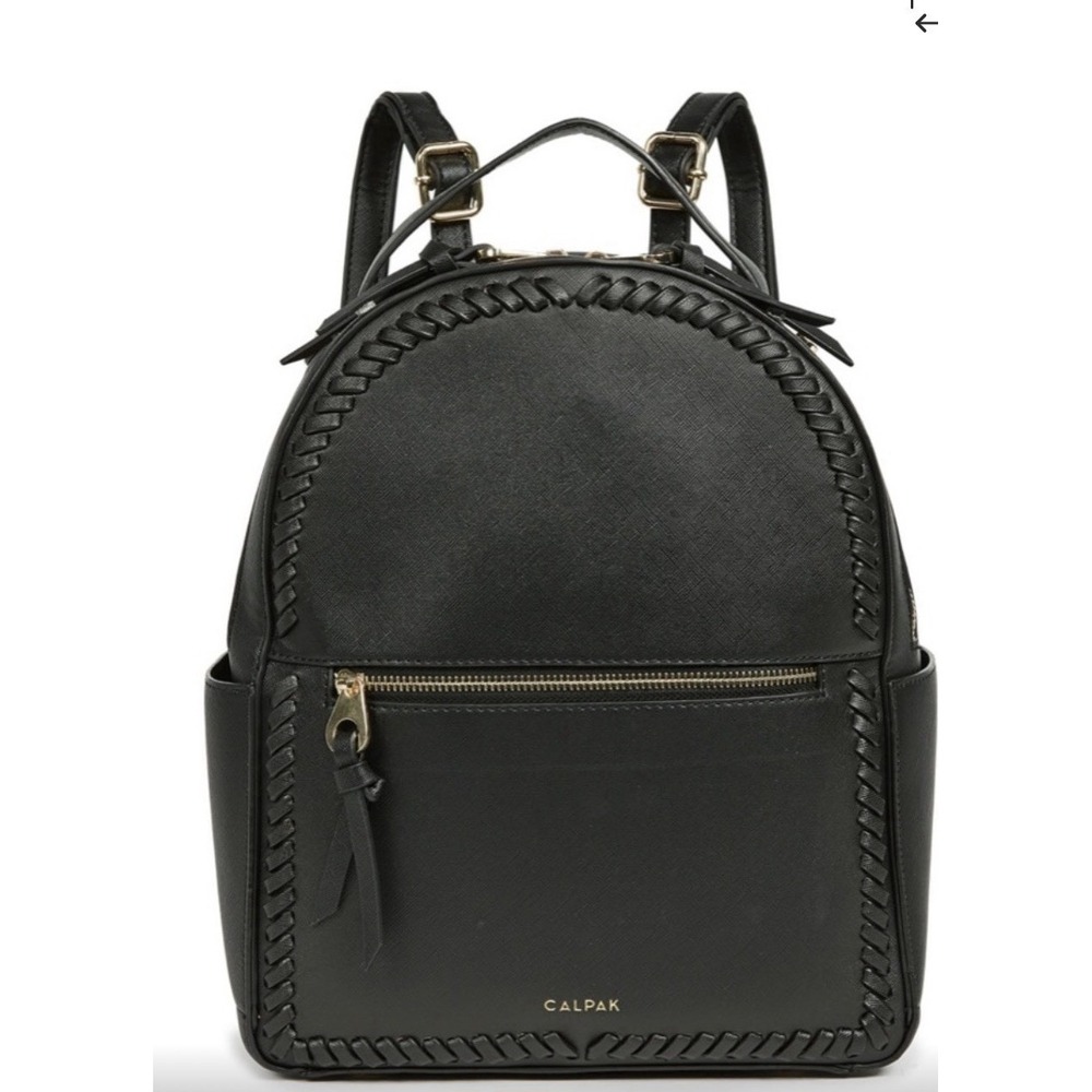 Calpak Kaya  Backpack‎ Black Vegan Leather Whipstitched Gold Trim Sleek Chic - Picture 2 of 11